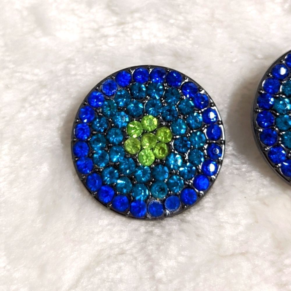 Vintage Sparkly Blue & Green Rhinestone Button Pierced Earrings - Picture 7 of 7